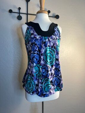Dressbarn Teal, Purple & Black Floral Blouse